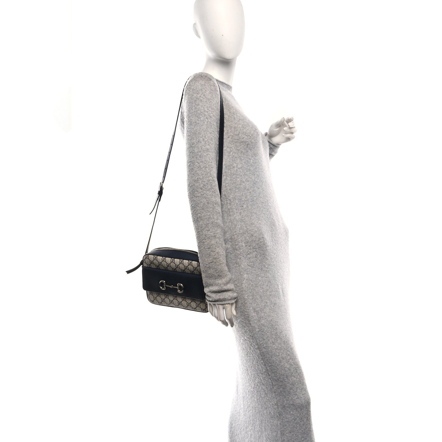 Gucci GG Supreme Monogram Textured Dollar Calfskin Small Horsebit 1955 Shoulder Bag Beige Blue 2 of 10