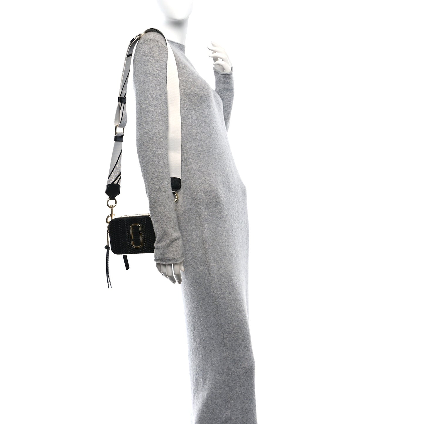 Calfskin Snake Embossed Snapshot Camera Bag Black White Silver