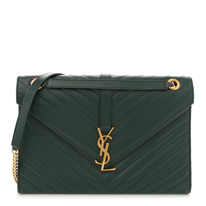 Saint Laurent Grain De Poudre Matelasse Chevron Large Monogram Satchel Dark Green 1 of 11