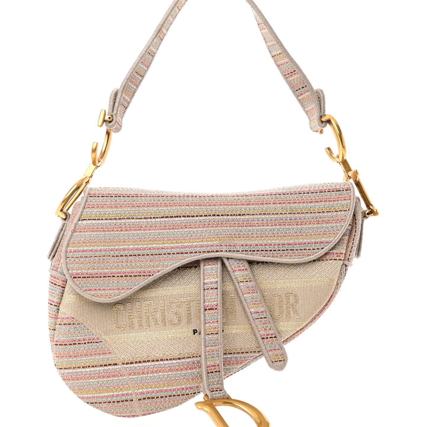 Canvas Embroidered Stripes Saddle Bag Beige Multicolor