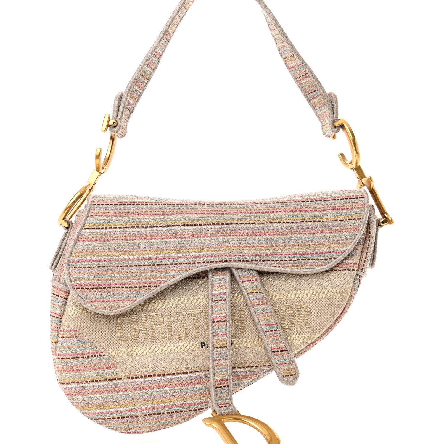 Christian Dior Canvas Embroidered Stripes Saddle Bag Beige Multicolor 8 of 14