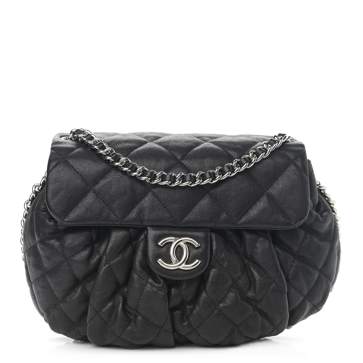 Washed Lambskin Quilted Medium Chain Around Messenger Black
