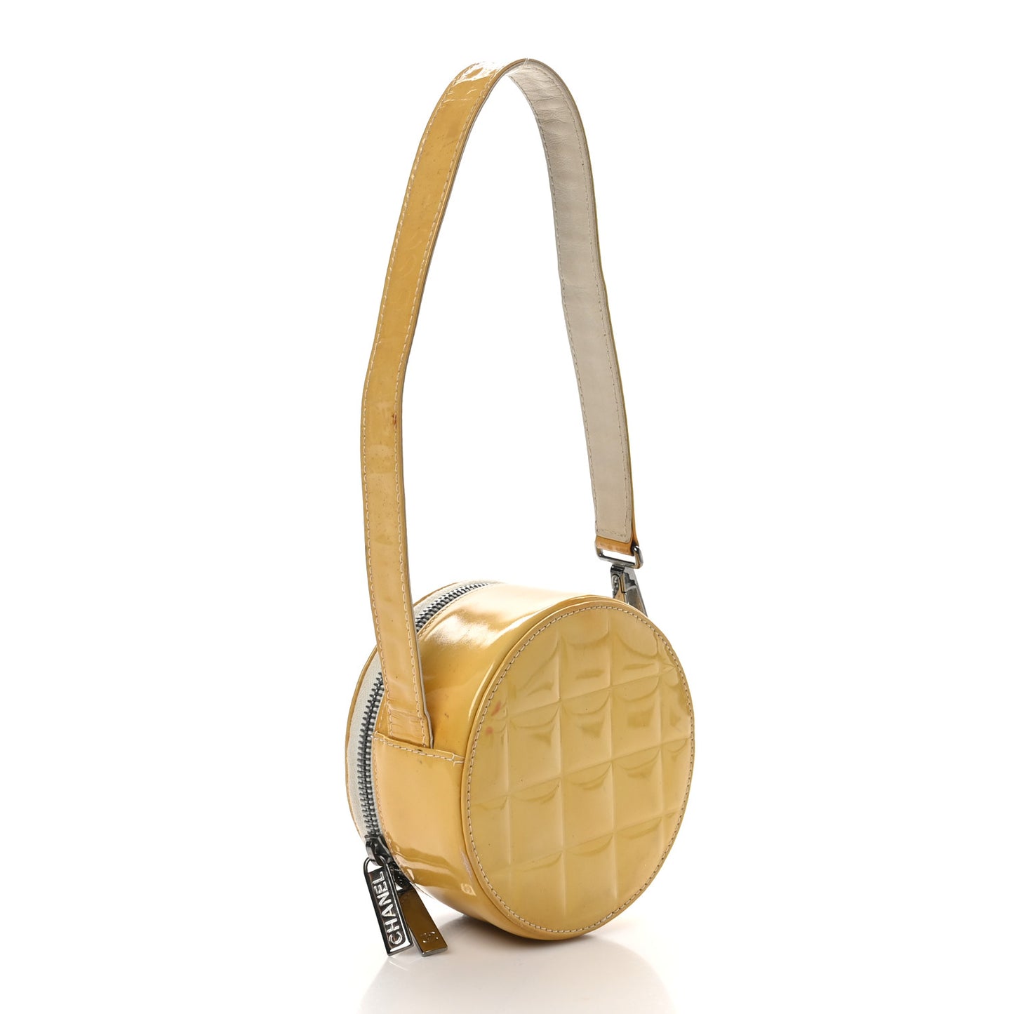 Patent Quilted CC Chocolate Bar Round Shoulder Bag Yellow
