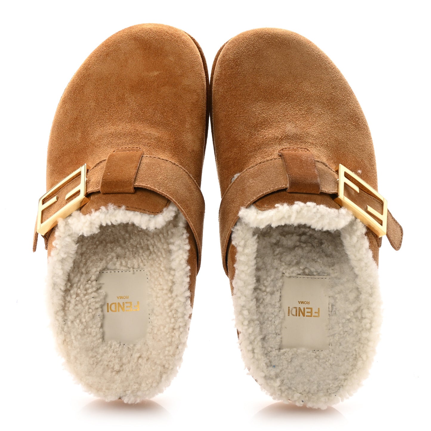 Suede Shearling Fendi Feel Buckled Clogs 36.5 Caramel Latte