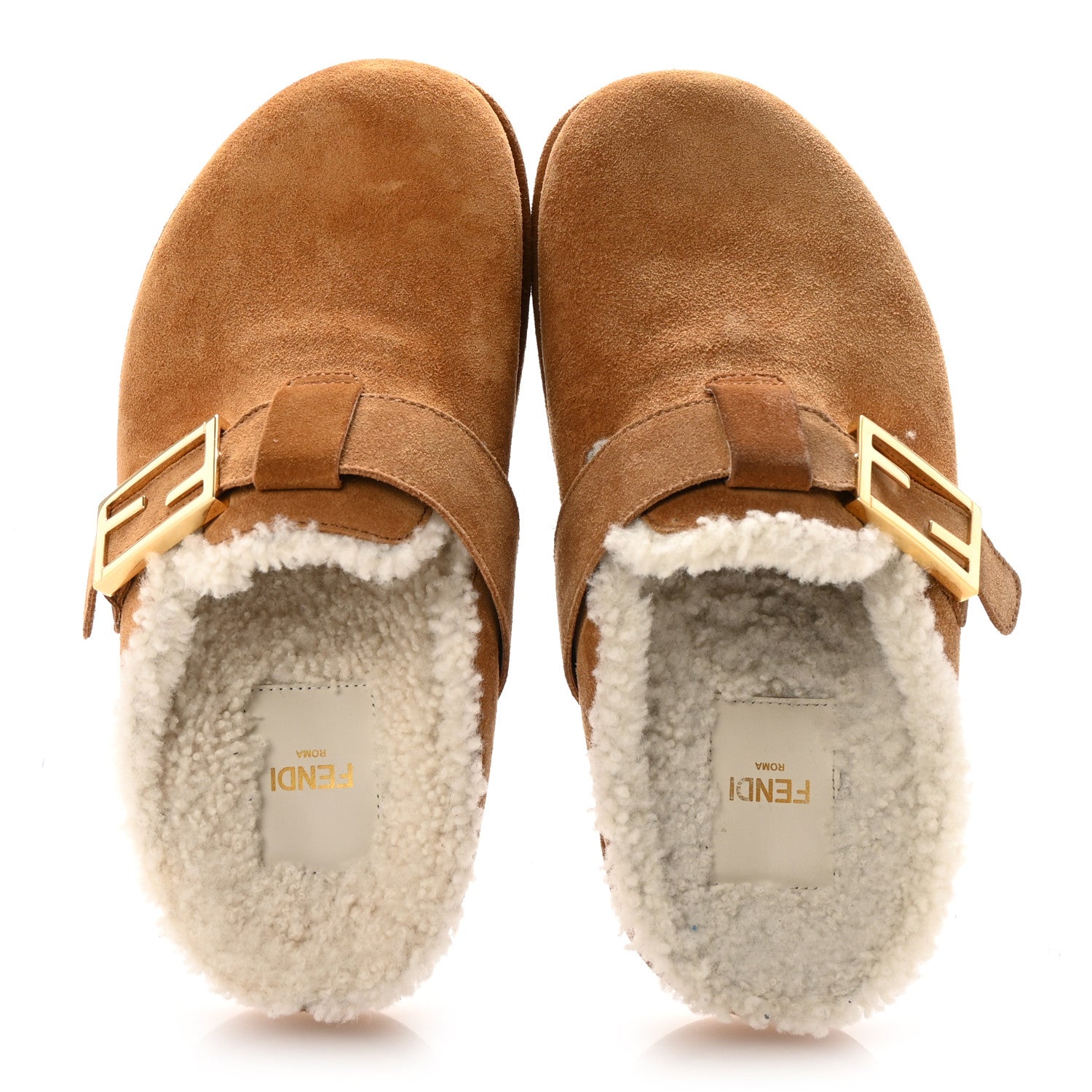 Fendi Suede Shearling Fendi Feel Buckled Clogs 36.5 Caramel Latte 2 of 9