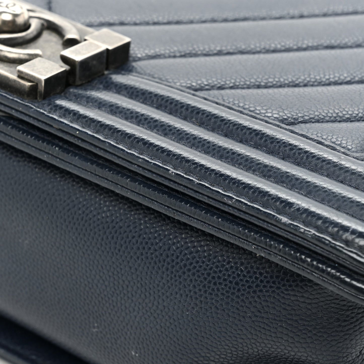 Caviar Chevron Quilted Medium Boy Flap Navy