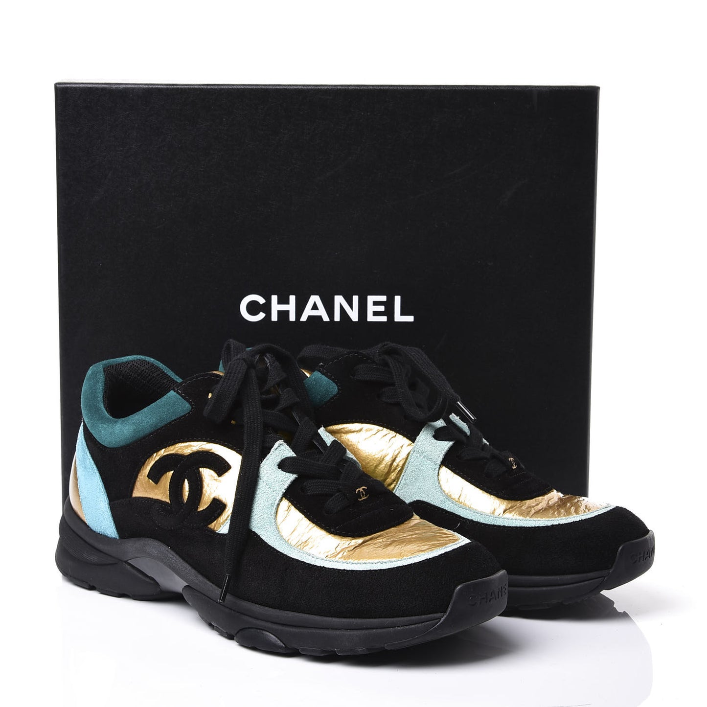Fabric Calfskin Suede CC Womens Sneakers 38.5 Black Turquoise Gold