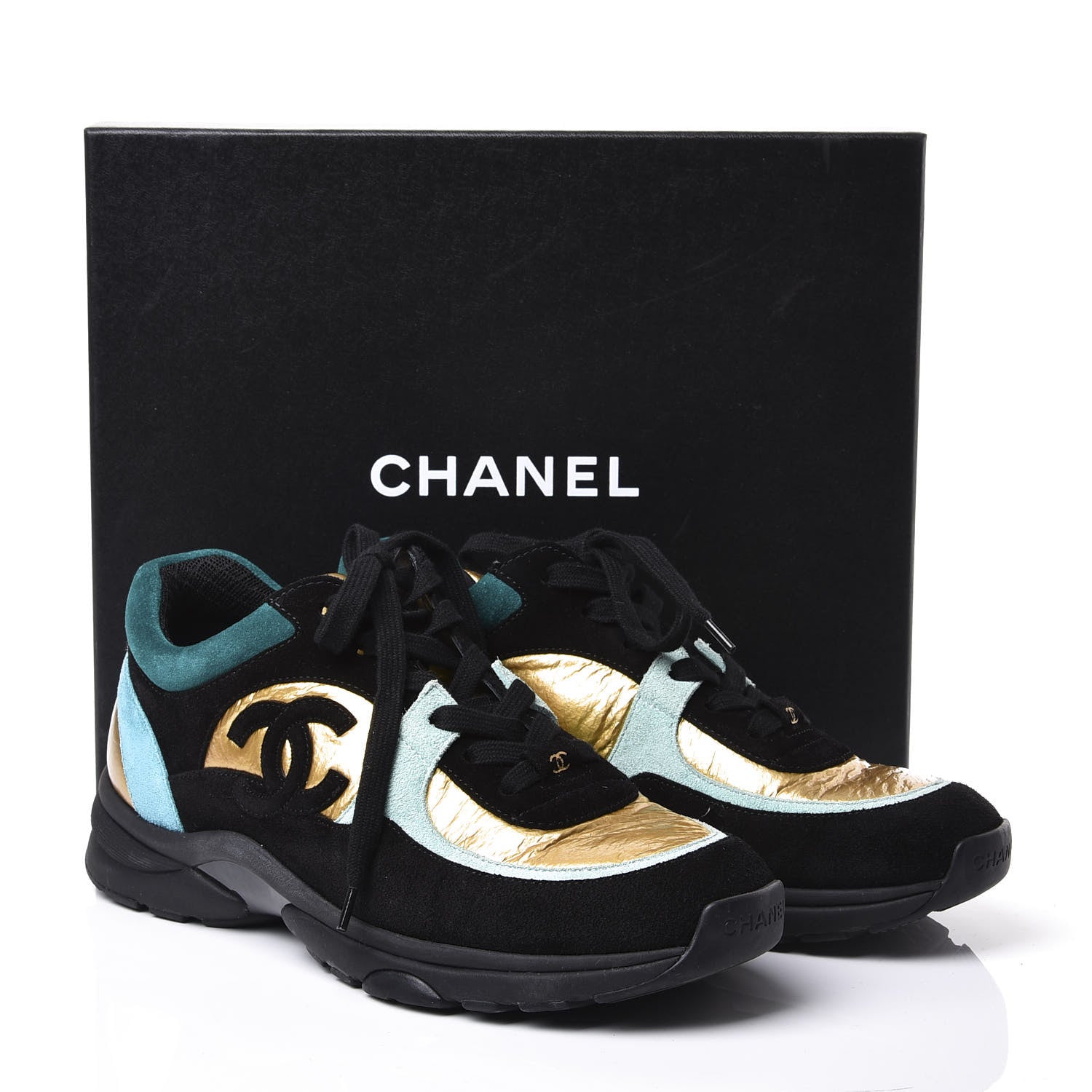 Chanel Fabric Calfskin Suede CC Womens Sneakers 38.5 Black Turquoise Gold 11 of 11