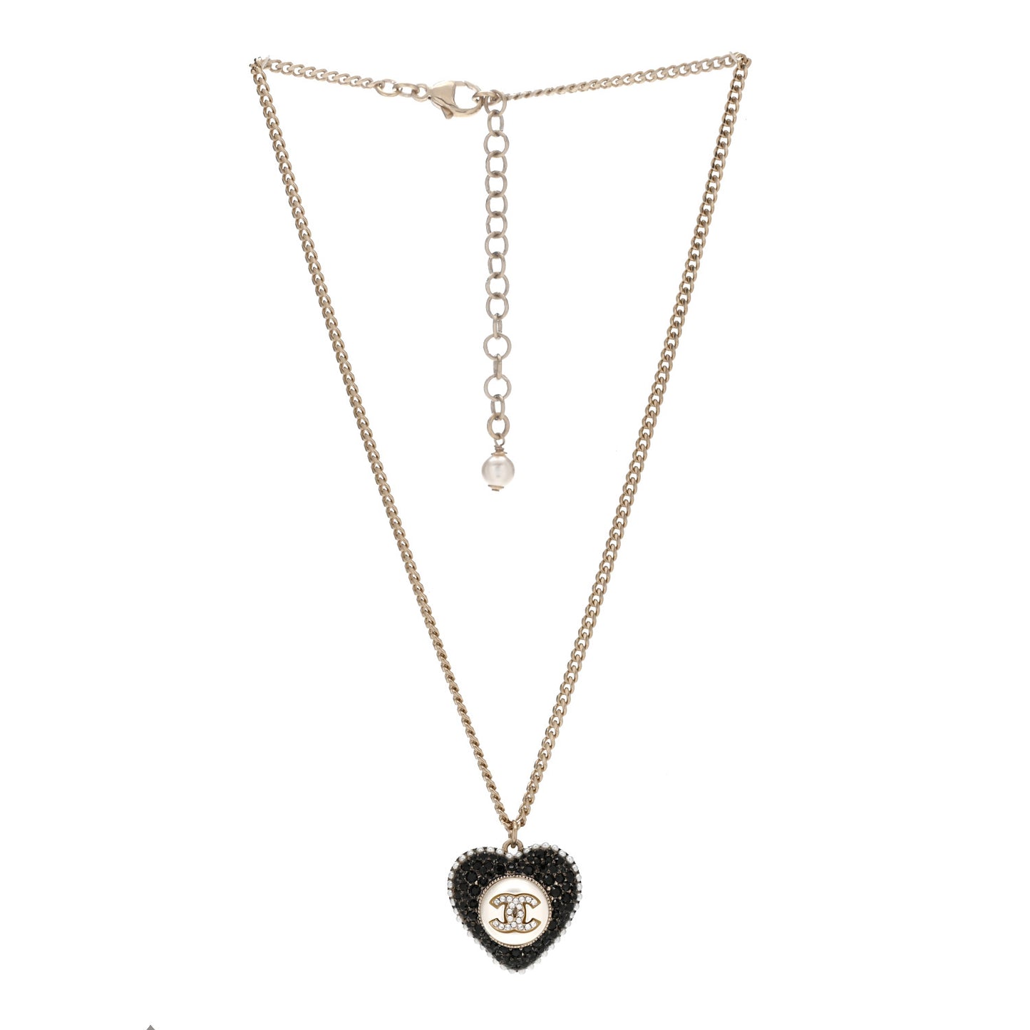 Pearl Crystal CC Heart Necklace Gold Pearly White Black
