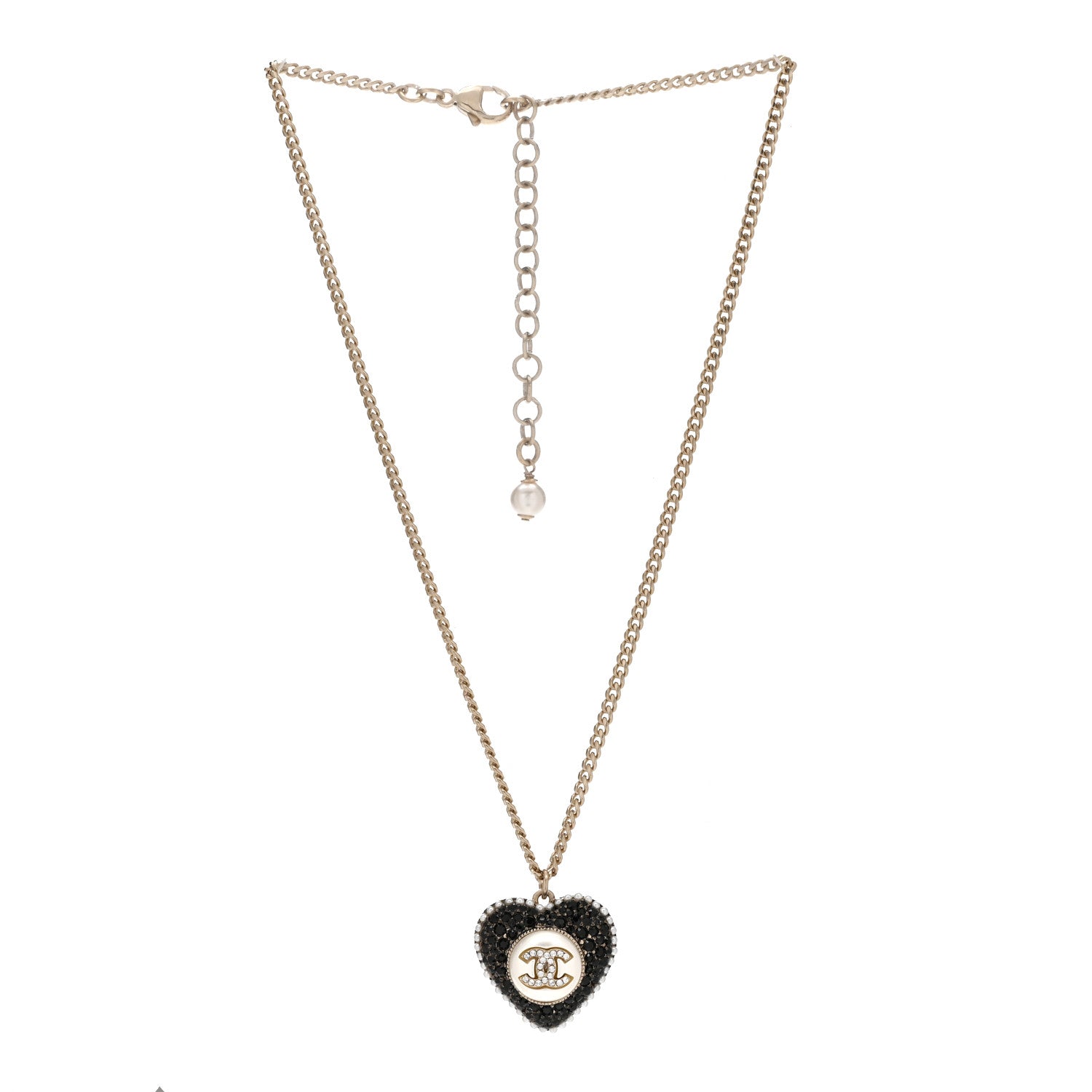 Chanel Pearl Crystal CC Heart Necklace Gold Pearly White Black 3 of 5