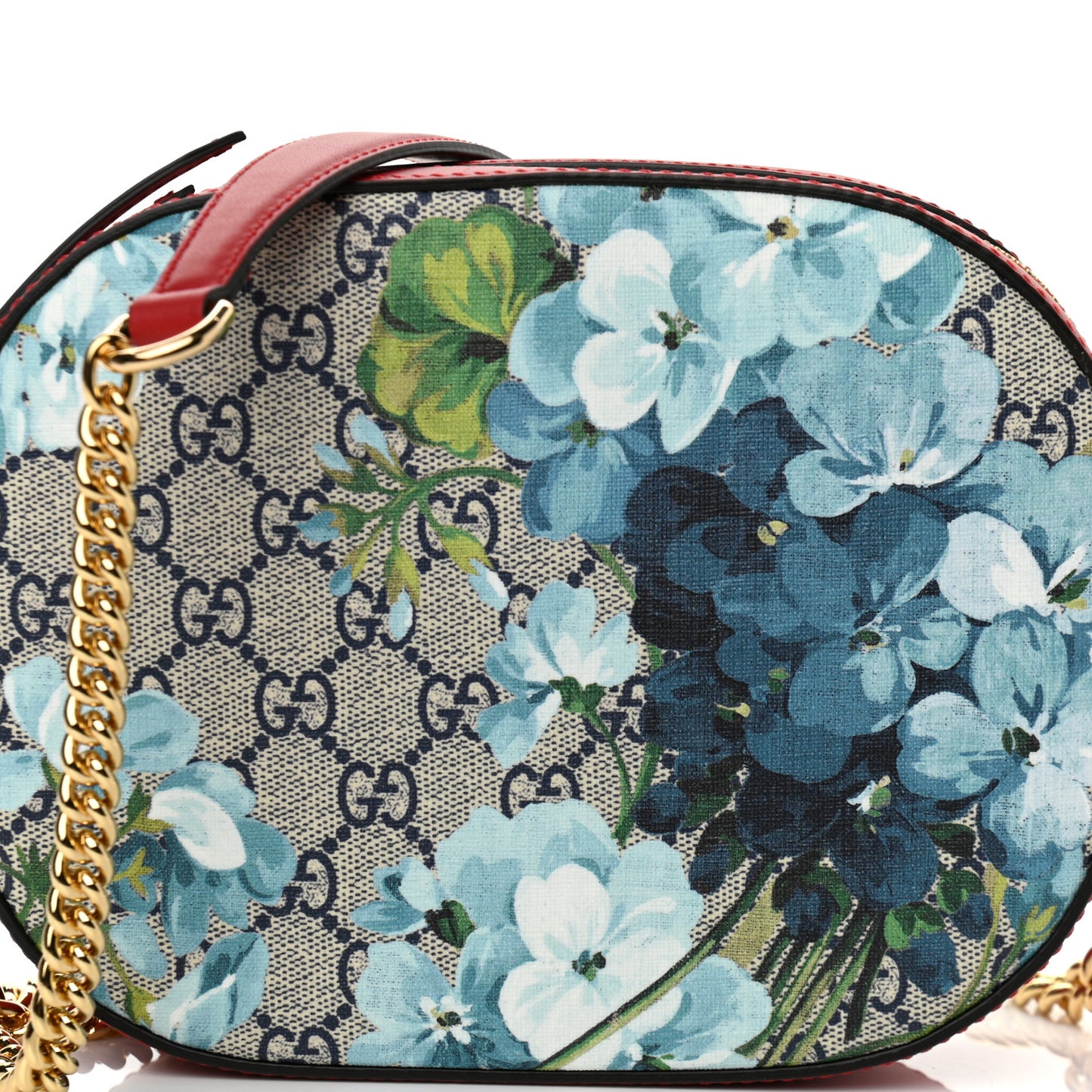 GG Supreme Monogram Blooms Mini Chain Shoulder Bag Beige Blue Navy Hibiscus Red