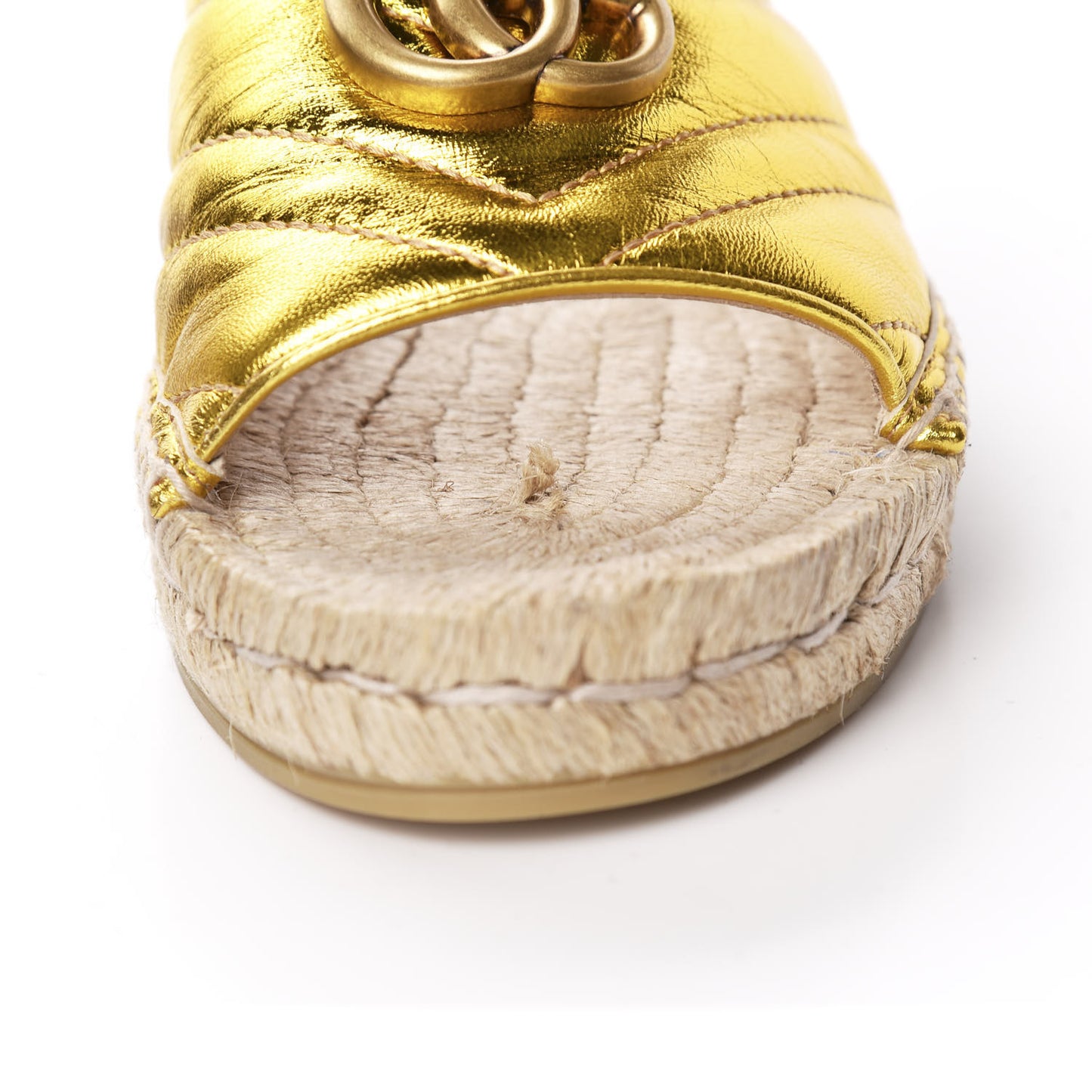 Metallic Nappa Matelasse GG Marmont Espadrille Slide Sandals 37.5 Oro