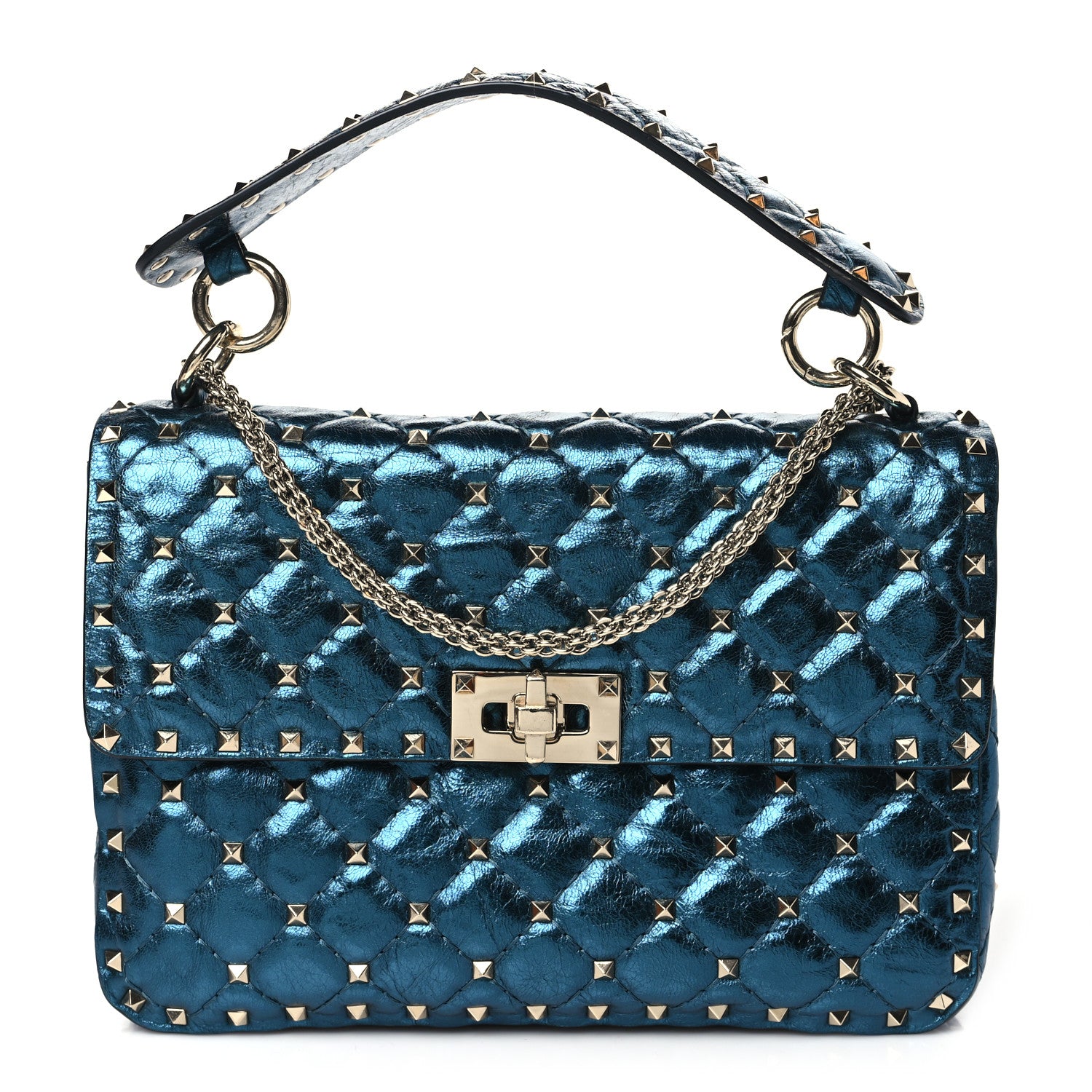Valentino Garavani Metallic Wrinkled Lambskin Medium Rockstud Spike Shoulder Bag Peacock 1 of 11