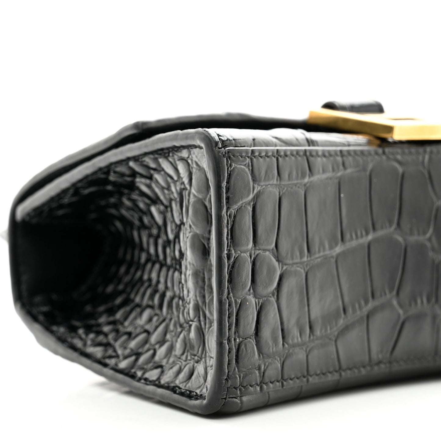 Shiny Calfskin Crocodile Embossed Hourglass Top Handle Bag XS Black
