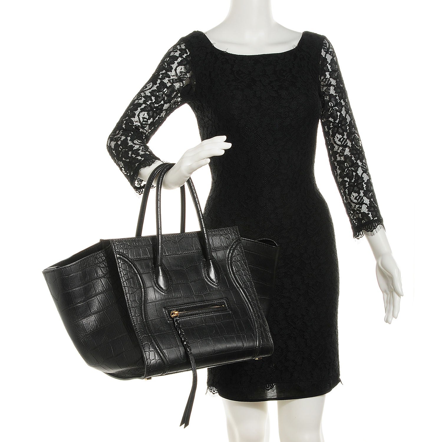 Celine Crocodile Embossed Calfskin Medium Phantom Luggage Black 2 of 7