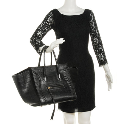 Celine Crocodile Embossed Calfskin Medium Phantom Luggage Black 2 of 7