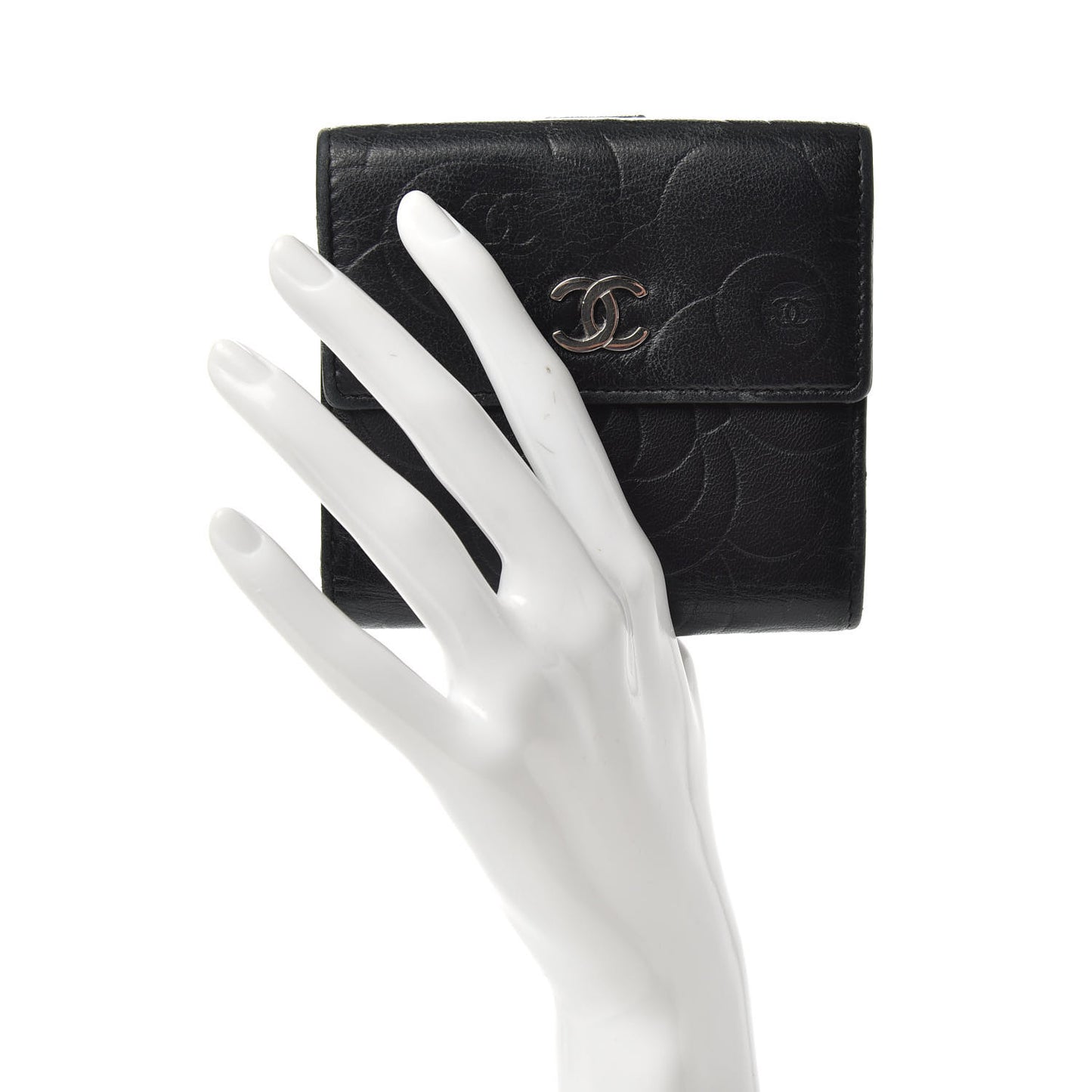 Lambskin Camellia Embossed French Wallet Black