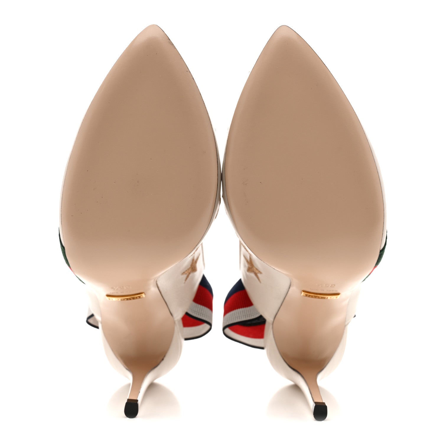 Gucci Malaga Kid Web Bee Star Embroidered Sylvie High Heel Slingback Pumps 36.5 White 6 of 13