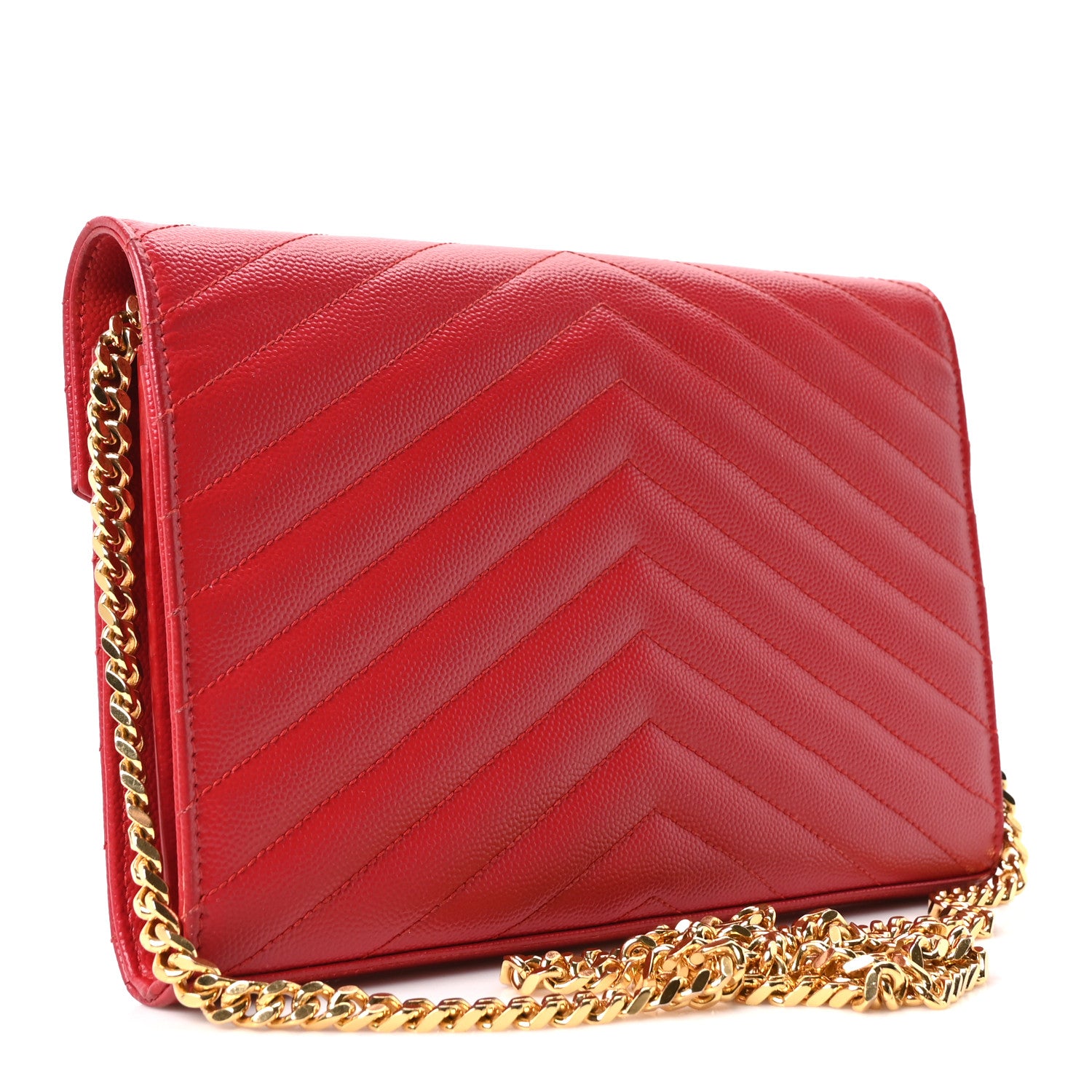 Saint Laurent Grain De Poudre Matelasse Chevron Monogram Chain Wallet Rouge Eros 2 of 8