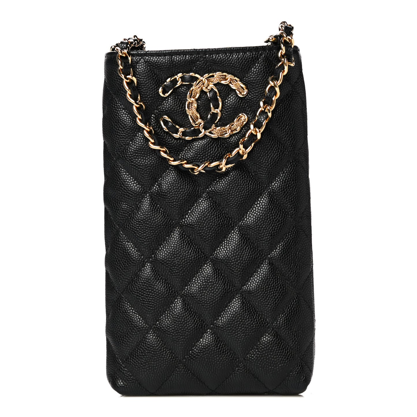 Caviar Quilted French New Wave Phone Holder With Chain Black