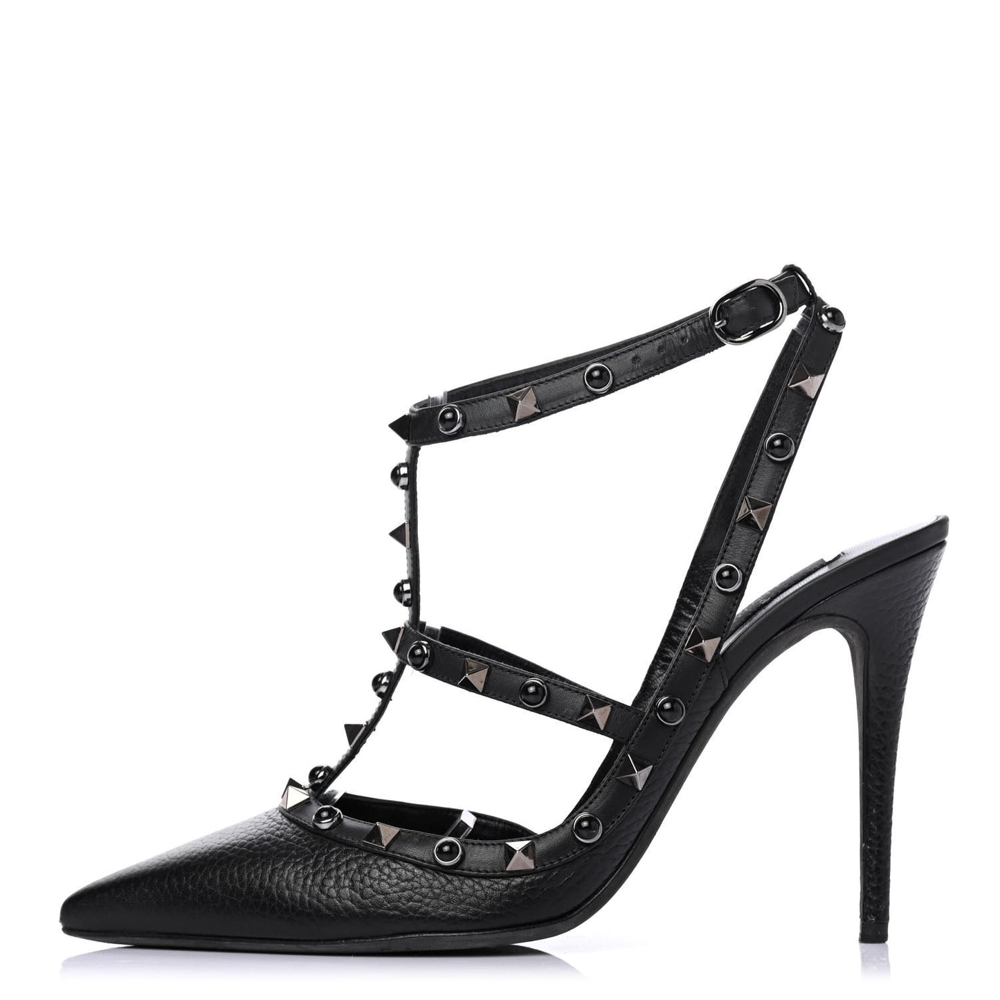 Pebbled Calfskin Onyx Rockstud Rolling Ankle Strap 100mm Pumps 41 Black