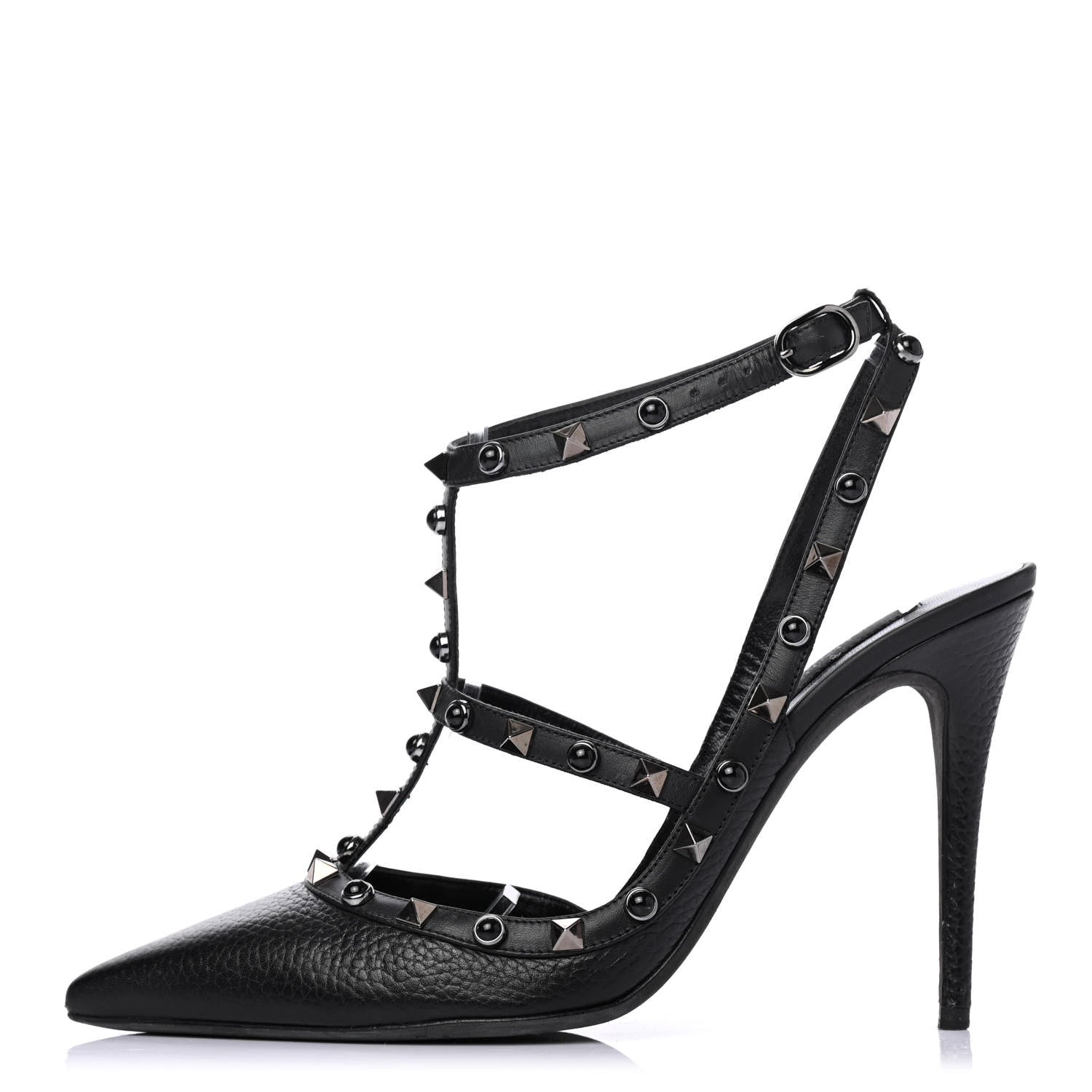 Valentino Garavani Pebbled Calfskin Onyx Rockstud Rolling Ankle Strap 100mm Pumps 41 Black 1 of 4