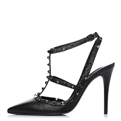 Valentino Garavani Pebbled Calfskin Onyx Rockstud Rolling Ankle Strap 100mm Pumps 41 Black 1 of 4