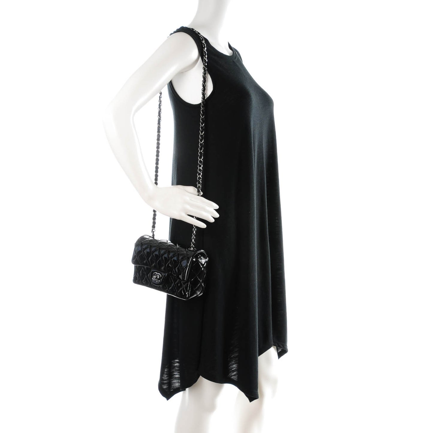 Patent Calfskin Quilted Mini Rectangular Flap Black