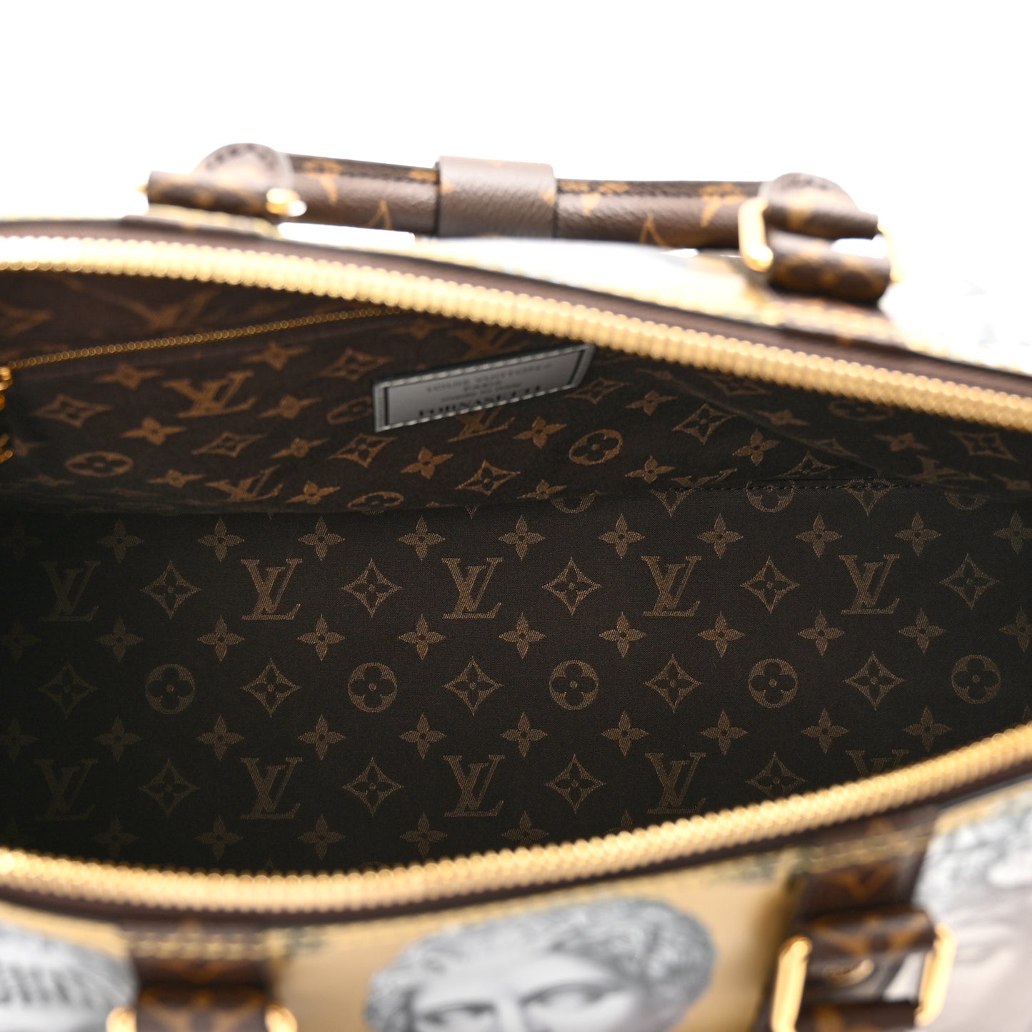 X FORNASETTI Calfskin Fornasetti Keepall Bandouliere 45 Gold
