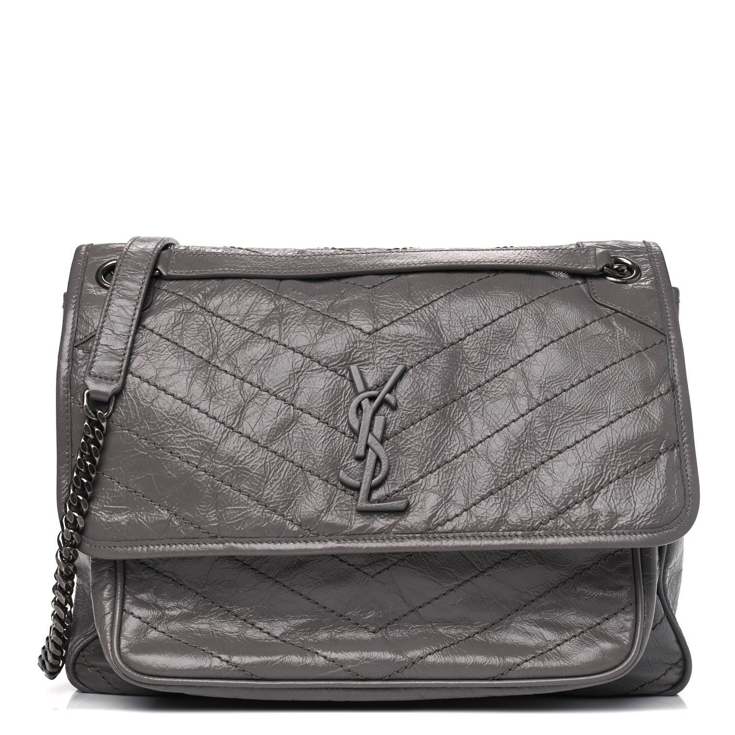 Saint Laurent Crinkled Calfskin Matelasse Monogram Large Niki Chain Satchel Fog 1 of 8