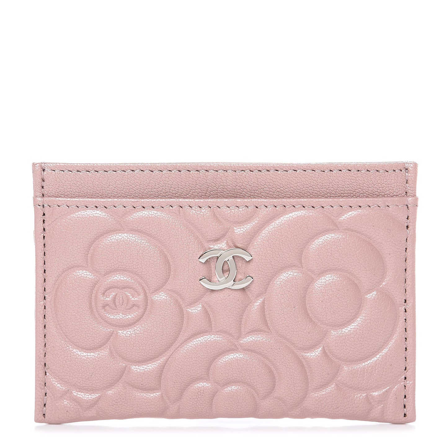 Goatskin Camellia Embossed Card Holder Light Pink