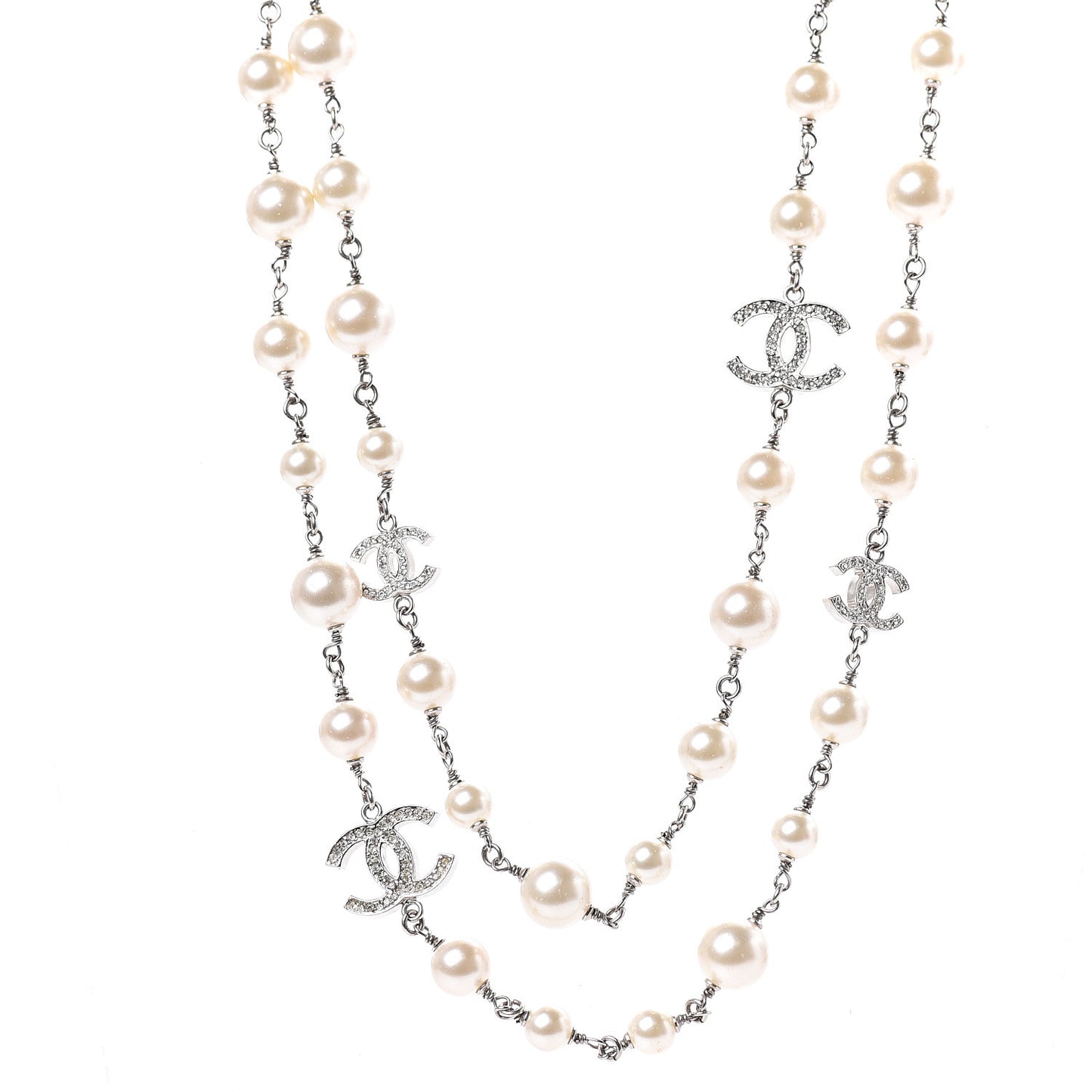 Crystal Pearl CC Long Necklace Silver