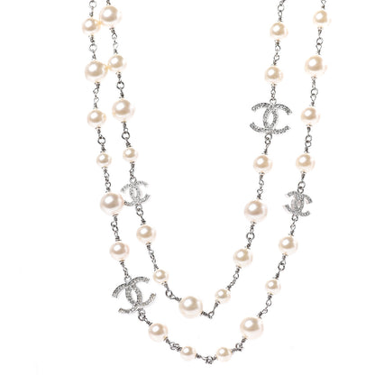 Chanel Crystal Pearl CC Long Necklace Silver 1 of 7