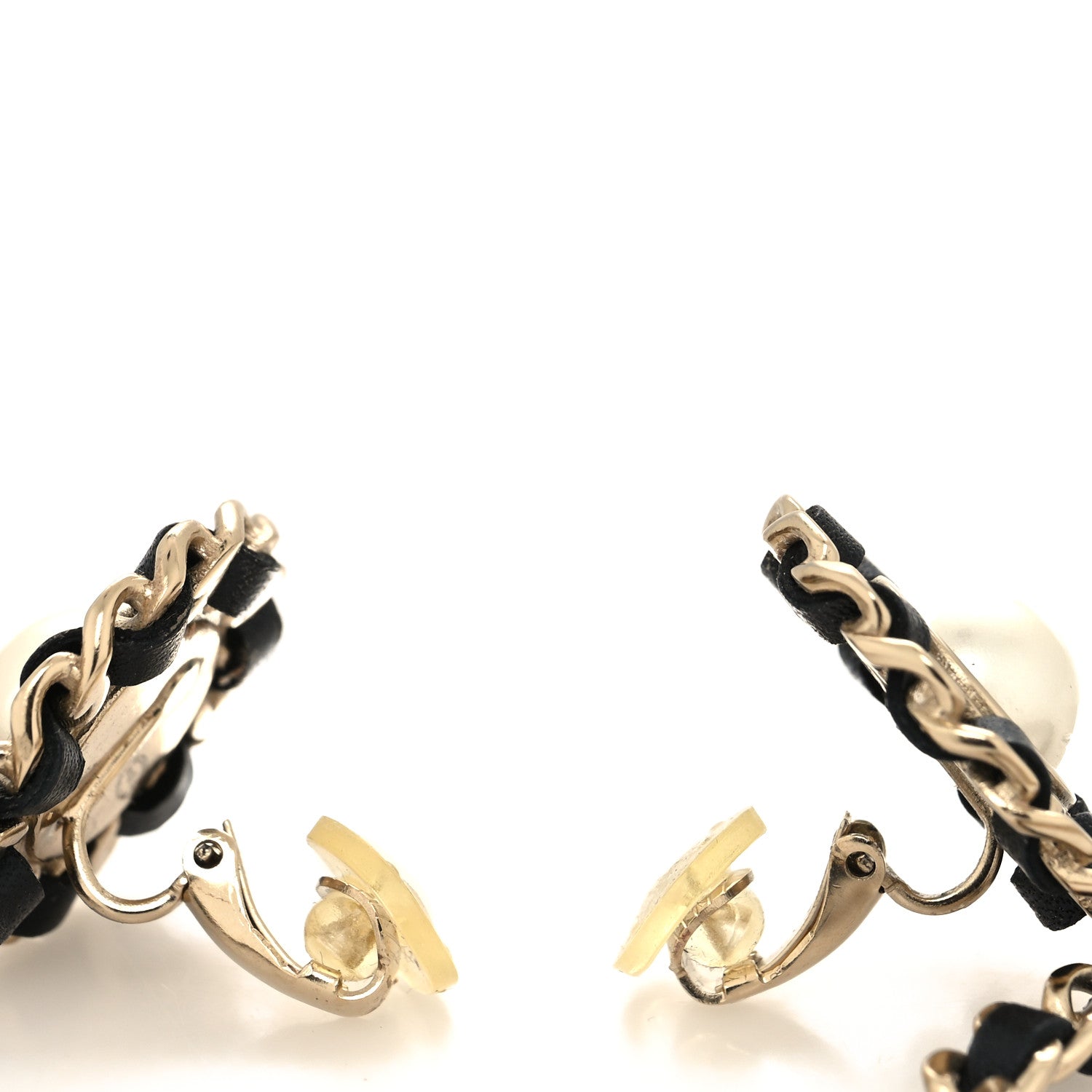 Chanel Pearl Lambskin Chain Logo Hoop Clip On Earrings Black Gold 3 of 5