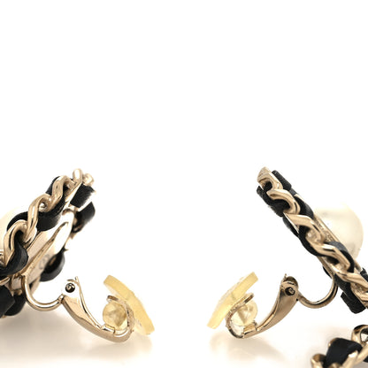 Chanel Pearl Lambskin Chain Logo Hoop Clip On Earrings Black Gold 3 of 5