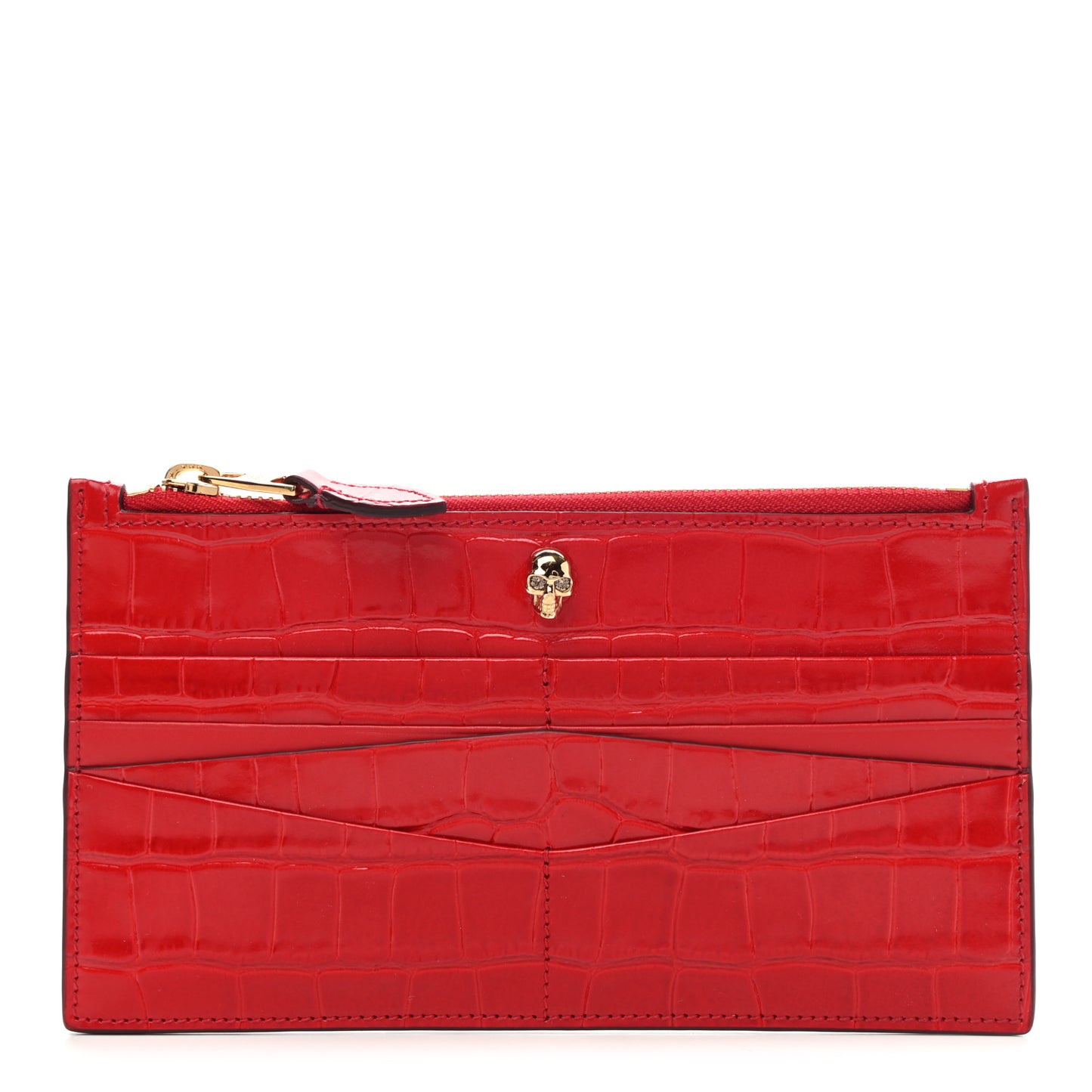 Calfskin Crocodile Embossed Skull Zip Wallet Card Holder Deep Red