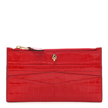 Alexander McQueen Calfskin Crocodile Embossed Skull Zip Wallet Card Holder Deep Red 1 of 8