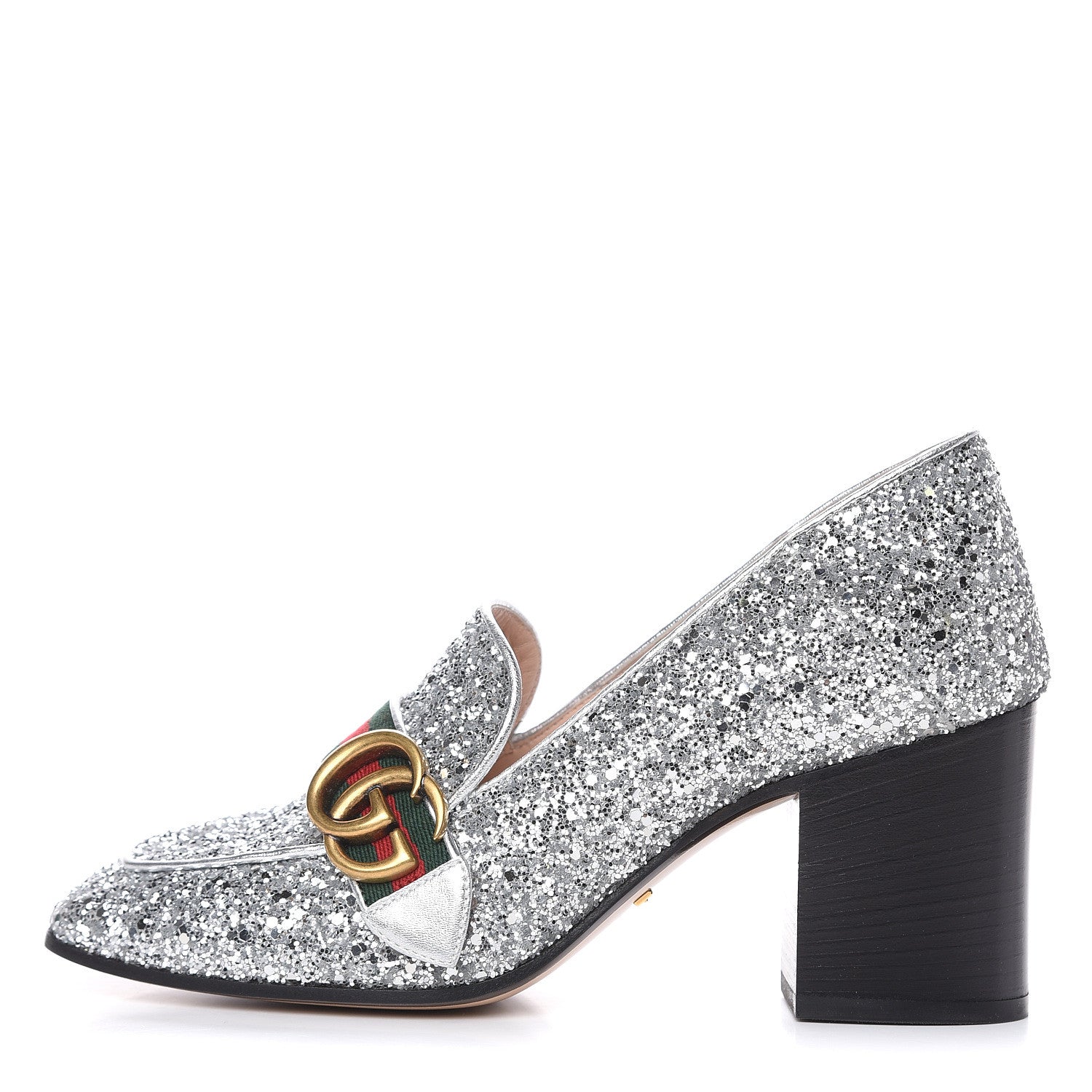 Gucci Glitter Nappa Web Peyton 75mm Loafer Pumps 38 Argento 1 of 9