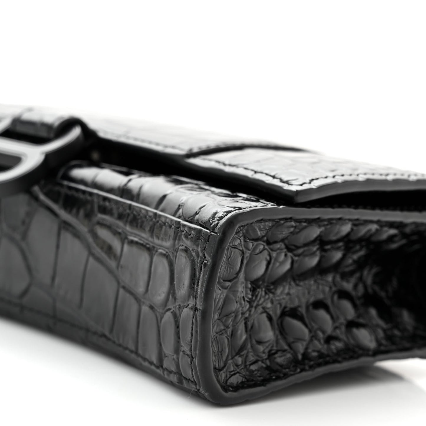 Shiny Calfskin Monochrome Crocodile Embossed Hourglass Chain Bag Black