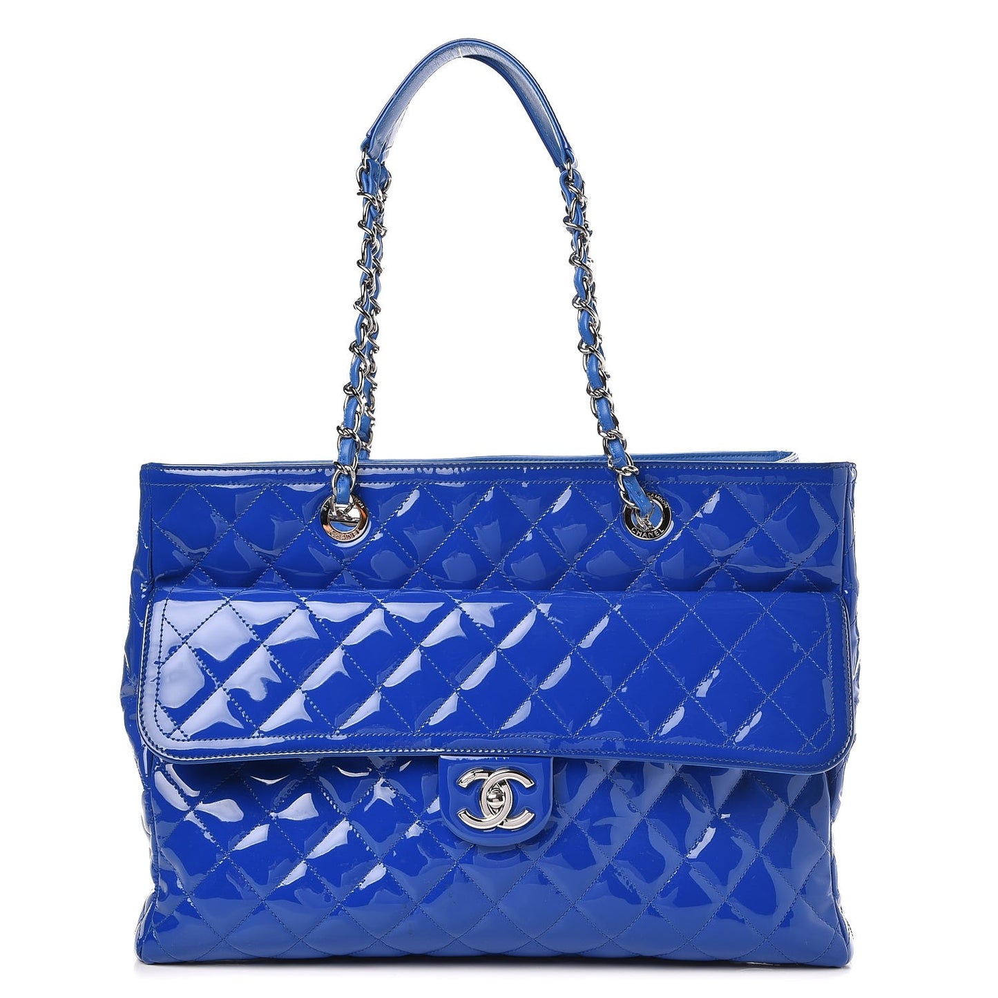 Patent Quilted Large Coco Shine Shopping Tote Blue
