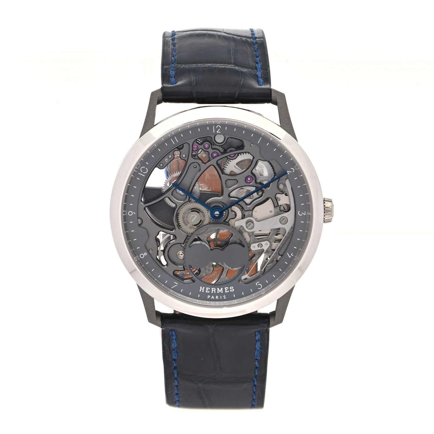 Hermes Platinum Titanium Alligator 39.5mm Slim d'Hermes Squelette Lune Automatic Watch Graphite 1 of 5