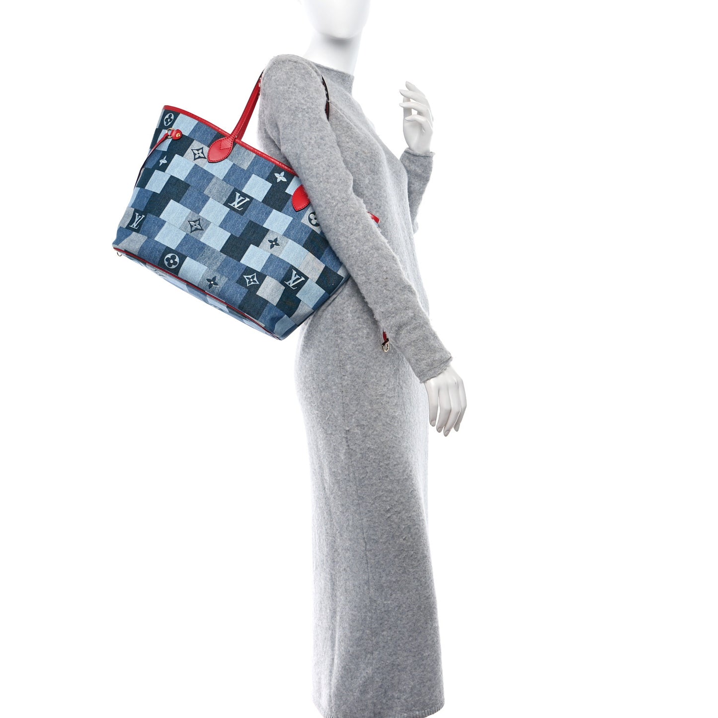 Denim Damier Monogram Patchwork Neverfull Blue Rouge