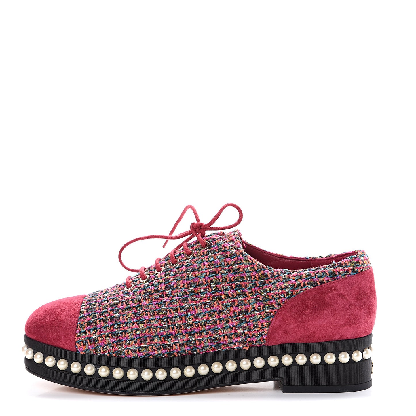Tweed Calfskin Pearl Lace Up Sneakers 38 Fuchsia Orange Green Red