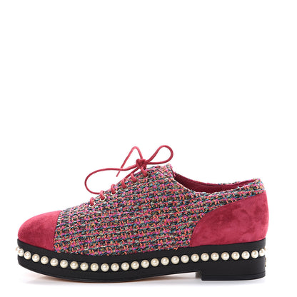 Chanel Tweed Calfskin Pearl Lace Up Sneakers 38 Fuchsia Orange Green Red 1 of 9