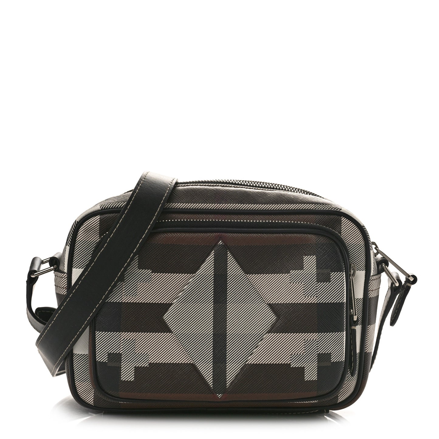E-Canvas Calfskin Geometric Check Paddy Messenger Dark Birch Brown White