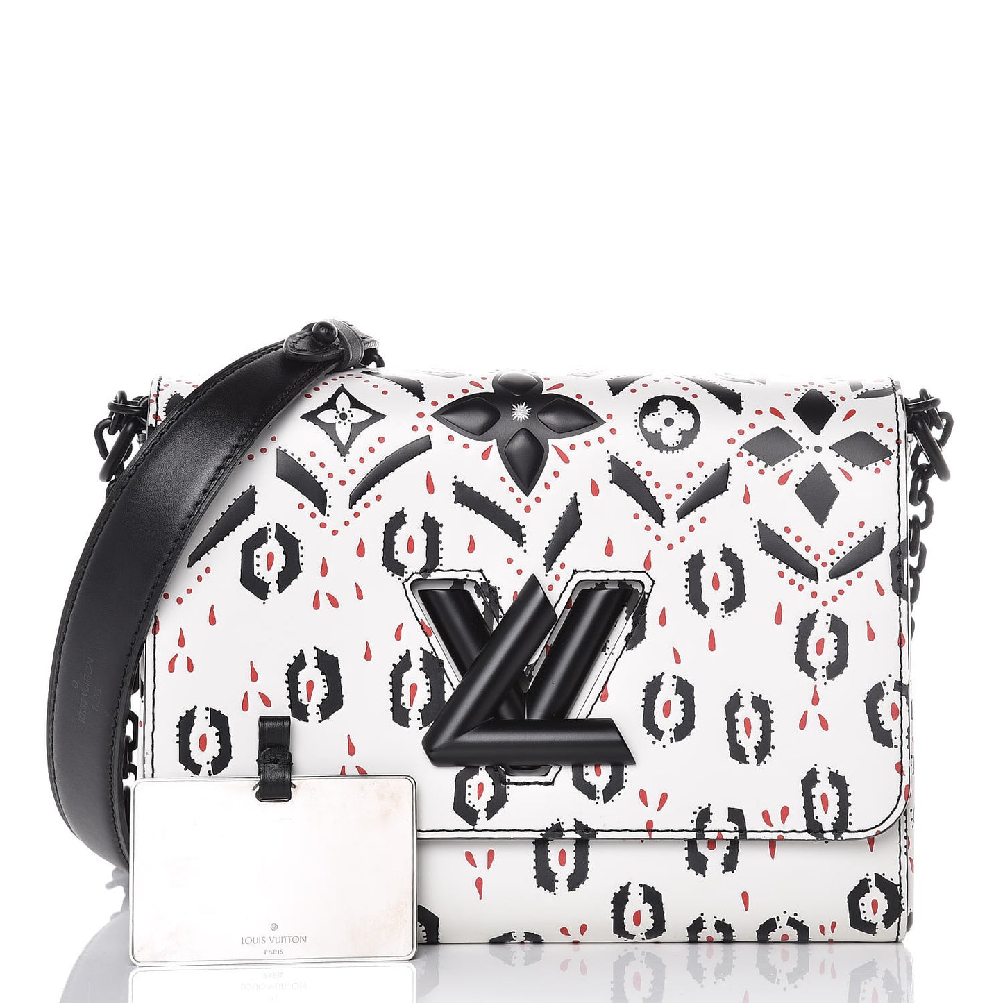 Calfskin Graphic Print Twist Shoulder Bag MM White Black
