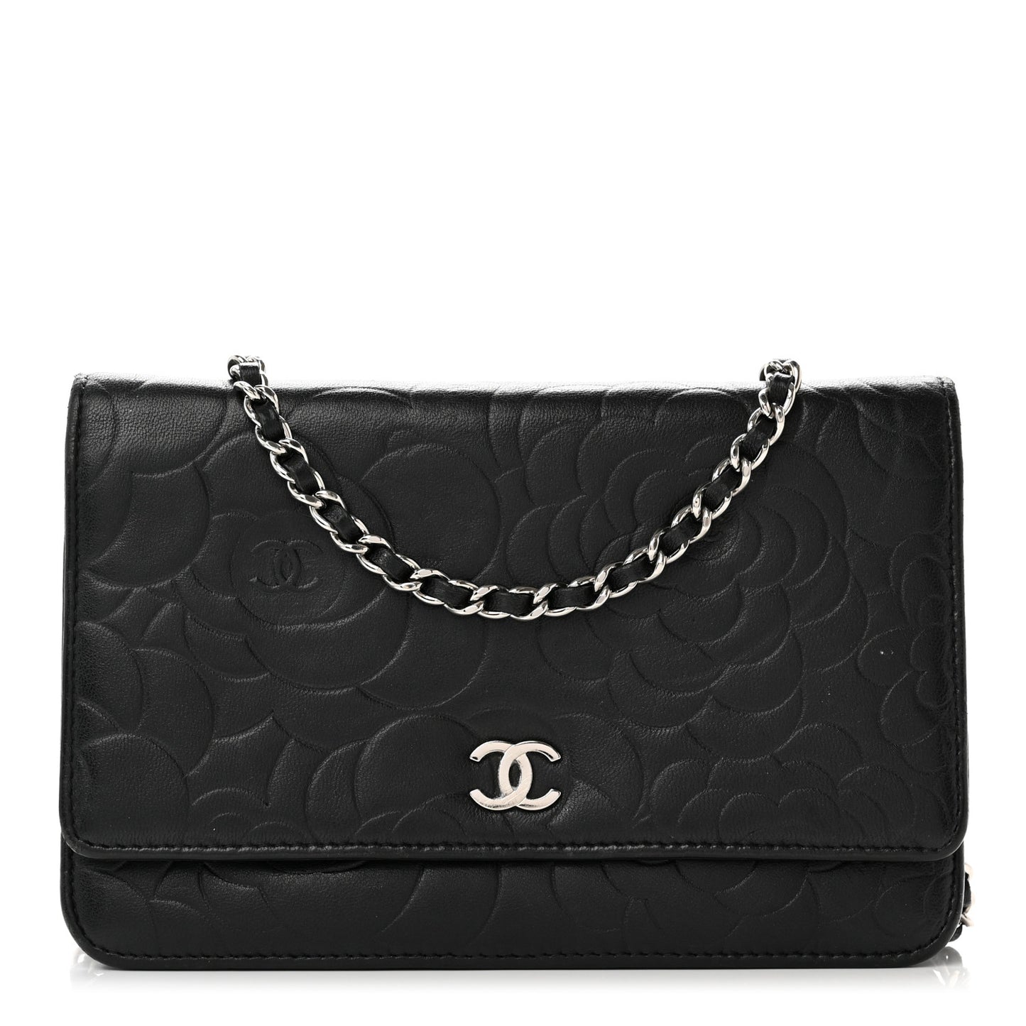 Lambskin Camellia Embossed Wallet On Chain WOC Black