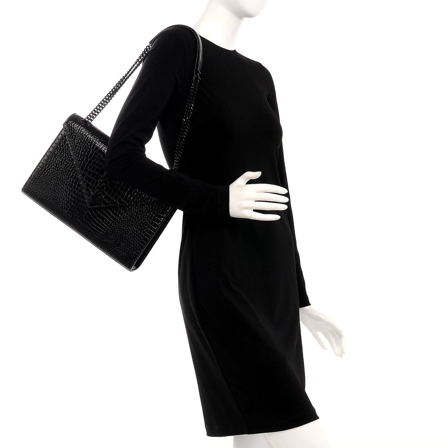 Calfskin Crocodile Embossed Monogram Large Satchel Black