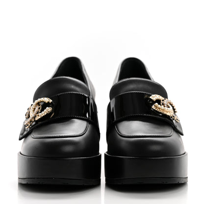Chanel Lambskin Pearl Crystal Quilted CC Loafers 36 Black 2 of 9