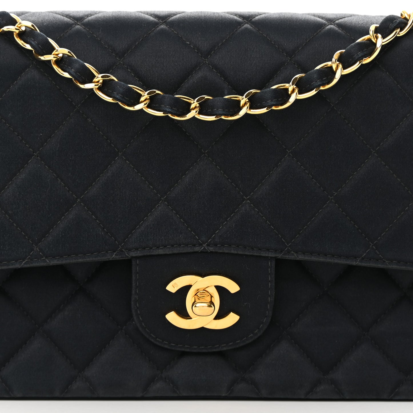 Satin Quilted Medium Double Flap Black
